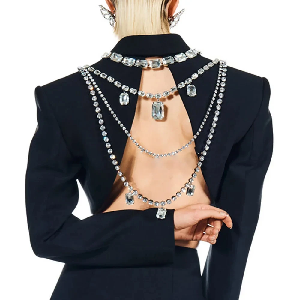 Body Jewelry Necklace - 샤인 라인 석 긴 술 뒤로